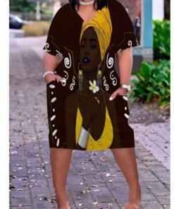 3D printed loose plus size v-neck mid-sleeve dress