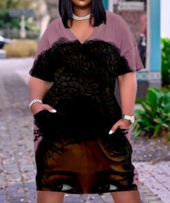 3D printed loose plus size v-neck mid-sleeve dress