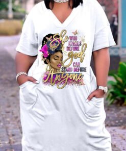 WHO KNEELS  BEFORE GOD Print Plus Size V Neck Mid Sleeve Dress